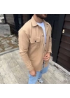 Erkek Diagonal Kumaş Cepli Çıtçıtlı Uzun Kollu, Gömlek Oversize Rahat Kalıp Günlük Şık Stil - Bej