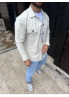Erkek Diagonal Kumaş Cepli Çıtçıtlı Uzun Kollu, Gömlek Oversize Rahat Kalıp Günlük Şık Stil - Beyaz