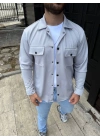 Erkek Diagonal Kumaş Cepli Çıtçıtlı Uzun Kollu, Gömlek Oversize Rahat Kalıp Günlük Şık Stil - Gri