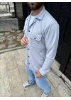 Erkek Diagonal Kumaş Cepli Çıtçıtlı Uzun Kollu, Gömlek Oversize Rahat Kalıp Günlük Şık Stil - Gri