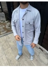 Erkek Diagonal Kumaş Cepli Çıtçıtlı Uzun Kollu, Gömlek Oversize Rahat Kalıp Günlük Şık Stil - Gri