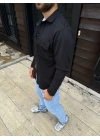 Erkek Diagonal Kumaş Cepli Çıtçıtlı Uzun Kollu, Gömlek Oversize Rahat Kalıp Günlük Şık Stil - Siyah