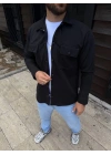 Erkek Diagonal Kumaş Cepli Çıtçıtlı Uzun Kollu, Gömlek Oversize Rahat Kalıp Günlük Şık Stil - Siyah