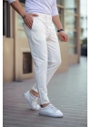 Erkek Diagonel Mikro Dokulu Cepli Beli Lastilki Pantolon - Beyaz