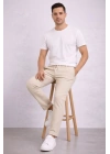Erkek Diagonel Mikro Dokulu Duble Paça Cepli Pantolon Bağcıklı Bel, Modern Kesim - Krem