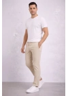 Erkek Diagonel Mikro Dokulu Duble Paça Cepli Pantolon Bağcıklı Bel, Modern Kesim - Krem