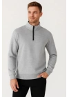 Erkek Dik Yaka Sweatshirt Dik Yaka Yarım Fermuarlı 3 İplik Şardonlu Pamuk Kumaş - Gri