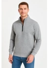 Erkek Dik Yaka Sweatshirt Dik Yaka Yarım Fermuarlı 3 İplik Şardonlu Pamuk Kumaş - Gri