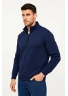 Erkek Dik Yaka Sweatshirt Dik Yaka Yarım Fermuarlı 3 İplik Şardonlu Pamuk Kumaş - Lacivert