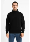 Erkek Dik Yaka Sweatshirt Dik Yaka Yarım Fermuarlı 3 İplik Şardonlu Pamuk Kumaş - Siyah
