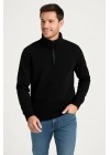 Erkek Dik Yaka Sweatshirt Dik Yaka Yarım Fermuarlı 3 İplik Şardonlu Pamuk Kumaş - Siyah