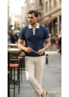 Erkek Düğme Yakalı Kontrast Yaka Triko Tişört