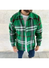 Erkek Ekose Desenli Düğmeli Polar Yakalı Uzun Kollu Gömlek Oversize Rahat Kalıp - Yeşil