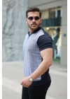 Erkek Fermuar Yakalı çizgili Kısa Kollu Tişört
