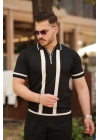 Erkek Fermuar Yakalı şerit Detaylı Kısa Kollu Tişört