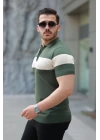 Erkek Fermuar Yakalı şerit Renk Desenli Kısa Kollu Tişört
