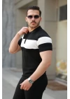 Erkek Fermuar Yakalı şerit Renk Desenli Kısa Kollu Tişört