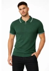 Erkek Fermuarlı Yaka Fitilli Triko Kısa Kollu Regular Fit Tişört T-shirt - Yeşil