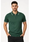 Erkek Fermuarlı Yaka Fitilli Triko Kısa Kollu Regular Fit Tişört T-shirt - Yeşil