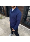 Erkek Fitilli Polar Sweatshirt – Düğmesiz Polo Yaka, Oversize Rahat Kalıp, Kalın Polar Kumaş, Kışlık Ve Baharlık Şık Günlük Üst - Lacivert