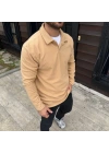 Erkek Fitilli Polar Sweatshirt – Düğmesiz Polo Yaka, Oversize Rahat Kalıp, Kalın Polar Kumaş, Kışlık Ve Baharlık Şık Günlük Üst - Bej
