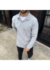 Erkek Fitilli Polar Sweatshirt – Düğmesiz Polo Yaka, Oversize Rahat Kalıp, Kalın Polar Kumaş, Kışlık Ve Baharlık Şık Günlük Üst - Gri