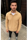Erkek Fitilli Polar Sweatshirt – Düğmesiz Polo Yaka, Oversize Rahat Kalıp, Kalın Polar Kumaş, Kışlık Ve Baharlık Şık Günlük Üst - Bej