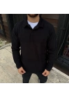 Erkek Fitilli Polar Sweatshirt – Düğmesiz Polo Yaka, Oversize Rahat Kalıp, Kalın Polar Kumaş, Kışlık Ve Baharlık Şık Günlük Üst - Siyah