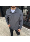 Erkek Fitilli Polar Sweatshirt – Düğmesiz Polo Yaka, Oversize Rahat Kalıp, Kalın Polar Kumaş, Kışlık Ve Baharlık Şık Günlük Üst - Füme