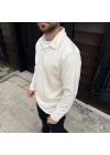 Erkek Fitilli Polar Sweatshirt – Düğmesiz Polo Yaka, Oversize Rahat Kalıp, Kalın Polar Kumaş, Kışlık Ve Baharlık Şık Günlük Üst - Beyaz