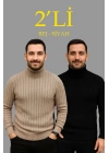 Erkek Fitilli Triko Kazak 2li Set Bej Siyah Regular Balıkcı Yaka Tam Boğazlı Triko Seti Modeli Kazak