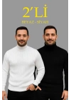 Erkek Fitilli Triko Kazak 2li Set Beyaz Siyah Regular Balıkcı Yaka Tam Boğazlı Triko Seti Modeli Kazak