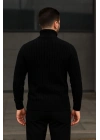 Erkek Fitilli Triko Kazak 2li Set Bordo Siyah Regular Balıkcı Yaka Tam Boğazlı Triko Seti Modeli Kazak