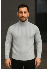 Erkek Fitilli Triko Kazak 2li Set Gri Siyah Regular Balıkcı Yaka Tam Boğazlı Triko Seti Modeli Kazak