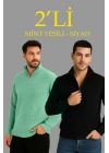 Erkek Fitilli Triko Kazak 2’li Set –  Mint Yeşili - Siyah, Kalın Dokuma Pamuklu Regular Fit V Yaka Fermuarlı Uzun Kollu Rahat Kışlık Kazak Kombini