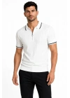 Erkek Fitilli Triko T-shirt Polo Yaka Yarım Fermuarlı Kısa Kollu Tişört - Beyaz