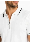 Erkek Fitilli Triko T-shirt Polo Yaka Yarım Fermuarlı Kısa Kollu Tişört - Beyaz