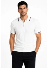 Erkek Fitilli Triko T-shirt Polo Yaka Yarım Fermuarlı Kısa Kollu Tişört - Beyaz