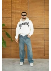 Erkek Kapüşonlu Sweatshirt Hoodie 3 İplik Şardonlu Pamuklu Kumaş, Önü Baskılı, Fermuarlı Rahat Kalıp, Kışlık Ve Sokak Stili Sweat - Beyaz