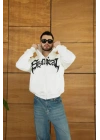 Erkek Kapüşonlu Sweatshirt Hoodie 3 İplik Şardonlu Pamuklu Kumaş, Önü Baskılı, Fermuarlı Rahat Kalıp, Kışlık Ve Sokak Stili Sweat - Beyaz