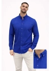 Erkek KETEN Kumaş Oversize Uzun Kollu Rahat Kalıp Gömlek - Saks Mavisi