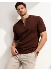Erkek Kısa Kol Fitilli Triko T-Shirt Yazlık Hakim Yaka Tişört - Kahverengi