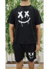 Erkek Kısa Kollu Bisiklet Yaka Baskılı Bluz Ipli Short Iki Iplik Takım