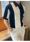 Erkek Kısa Kollu Polo Yakalı Blok Desenli Triko Bluz