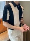 Erkek Kısa Kollu Polo Yakalı Blok Desenli Triko Bluz