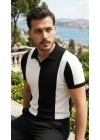 Erkek Kısa Kollu Polo Yakalı Blok Desenli Triko Bluz