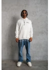Erkek Kol Ve Etek Ribana Baskılı Kapüşonlu Sweat - Beyaz