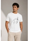 Erkek Köpek Figürlü Minimal Baskılı Tişört Kısa Kol Yazlık T-Shirt - Beyaz