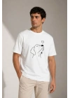 Erkek Köpek Figürlü Minimal Baskılı Tişört Kısa Kol Yazlık T-Shirt - Beyaz