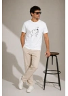 Erkek Köpek Figürlü Minimal Baskılı Tişört Kısa Kol Yazlık T-Shirt - Beyaz